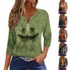 Women's Fashion Button-Up V-Neck Three-Quarter Sleeve Halloween Print Top