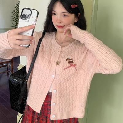 Молодежный женский свитер-жакет в стиле колледжа, милый розовый кардиган крупной вязки, женский осенне-зимний жакет-свитер