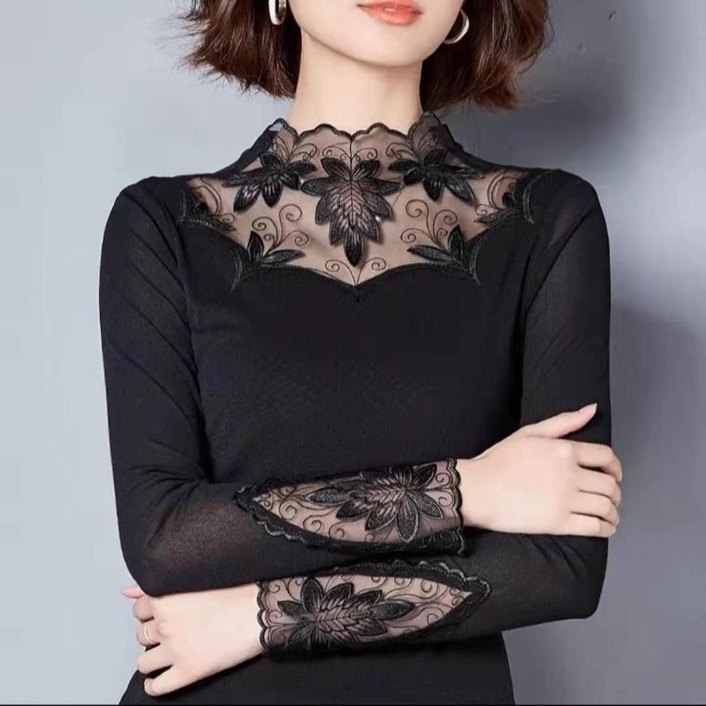 Lace T-shirt Women's Spring and Autumn Mesh Backing Shirt Women's Warm High Elastic T-shirt Slim Fit Top