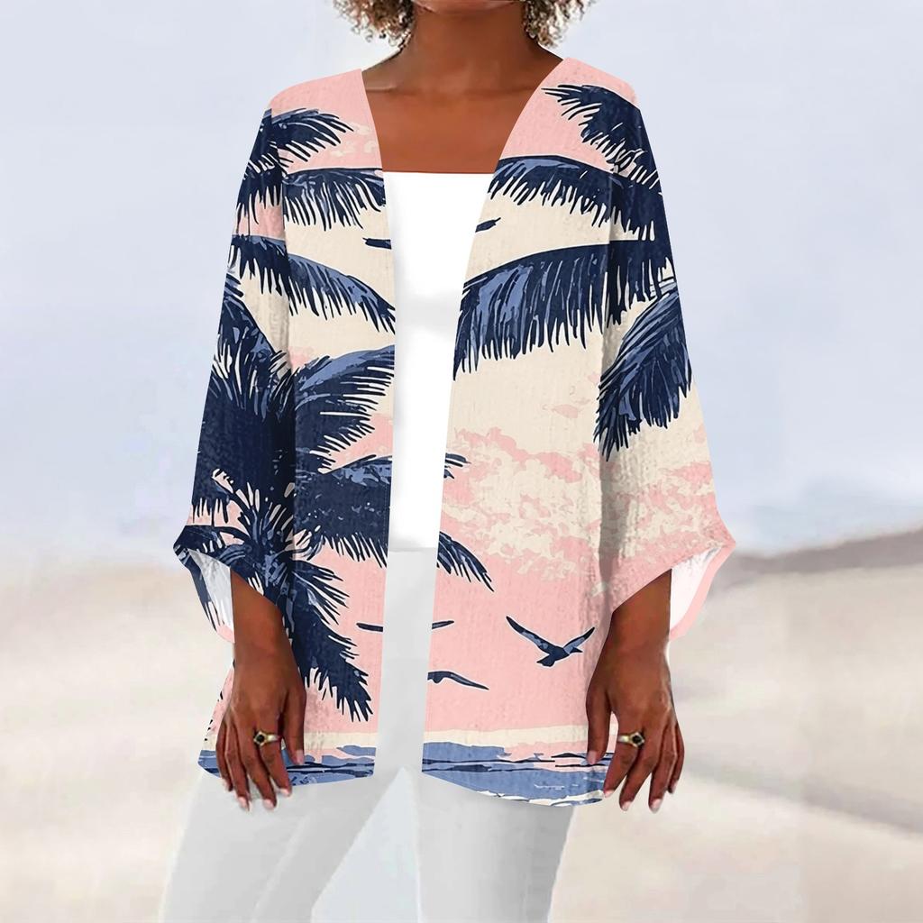 Women's Casual Fashion Beach Ocean Tree Print Lightweight Mid-Length Jacket Cardigan