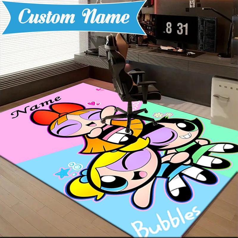 Custom Name Powerpuff Adventure Rug Game Carpet, Floor Mat for Bedroom Living Room Entryway Rug, Home Decor Idea Gift for Christmas birthday