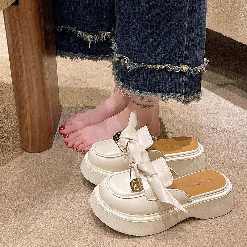 Женские туфли на высоком каблуке лето 2025 новая корейская версия бант толстая подошва большая голова полусабо верхняя одежда сумка голова универсальные одинарные туфли