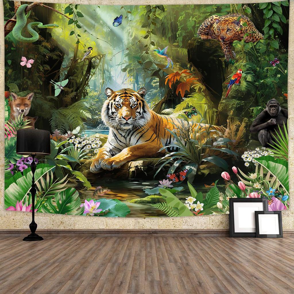 King of The Forest Tiger Tapestry Forest Animal Wall Hanging Tropical Rainforest Landscape for Living Room Dorm Bedroom
