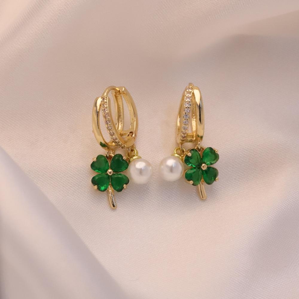 1 пара Модные красочные серьги-подвески с четырехлистным клевером из циркония и искусственным жемчугом для женщин, золотая бижутерия для свадьбы и вечеринки