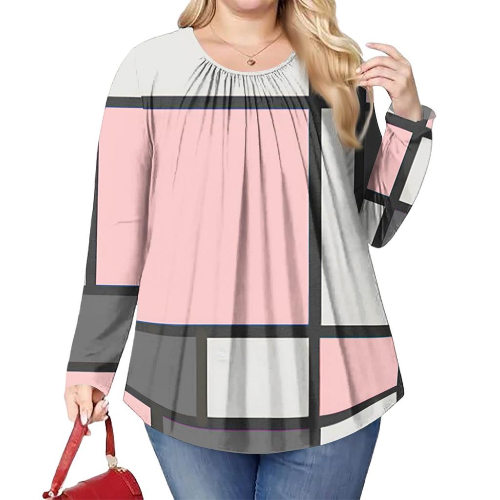Women's Plus Size Fashion Printed Casual Pleated Round Neck Long Sleeve Top