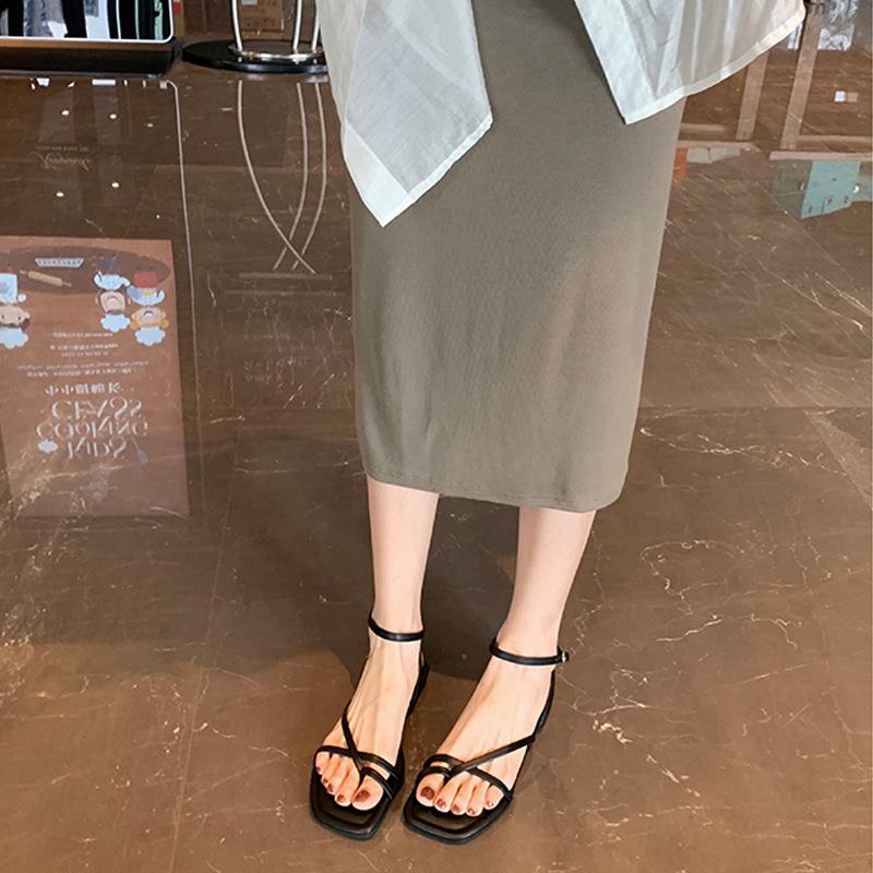 Sheepskin version~ French cross with beach cover toe strap sandals women's summer flat-bottomed leather Roman shoes cool slippers