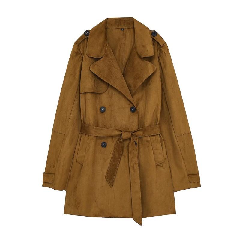 Womens Commuter Belted Faux Suede Trench Coat Solid Color Mid-Length Outerwear