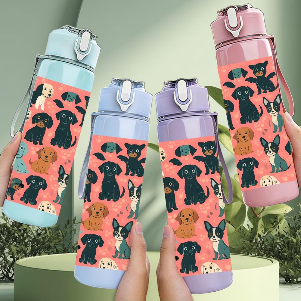 1PC Multi Breed Puppy Color Grid 750ml Color Plastic Sports Water Bottle Leakproof Flip Straw Lid For Sports Office Home Use