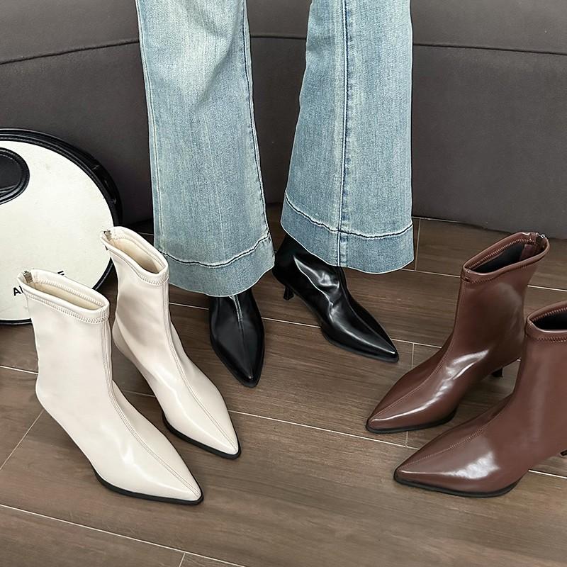 Модные ботильоны с острым носком, новые корейские ботильоны до щиколотки на среднем каблуке с задней молнией больших размеров для женщин на осень и зиму 2025