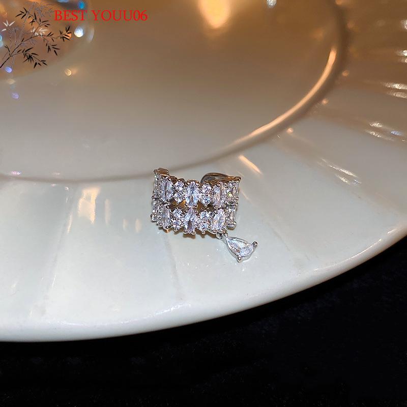 (YOUU06)1Pc Double Layer C-Shaped Crystal Zircon Cuff Earring Rhinestone No Piercing Water Droplet Clip Simple Ear Clip