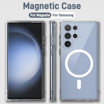 Прозрачный чехол для Samsung Galaxy S22 S23 S24 S25 Ultra, беспроводная зарядка, магнитный, противоударный, противоскользящий чехол