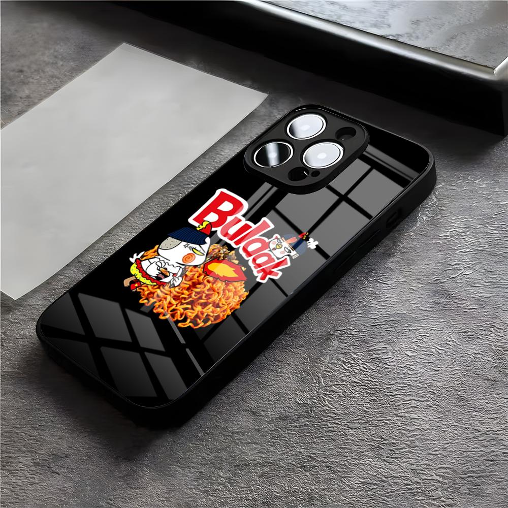 K-Kwaii Аниме B-Buldak R-RameSn Чехол для телефона Для IPhone 17 Air 16 E Pro Max 15 14 13 Mini 12 Pro 11 Max Plus Черная стеклянная крышка