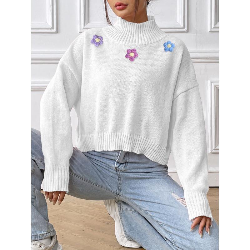 Женский короткий свитер с цветочным узором ручной вязки крючком на осень и зиму, повседневный свитер с высоким воротом