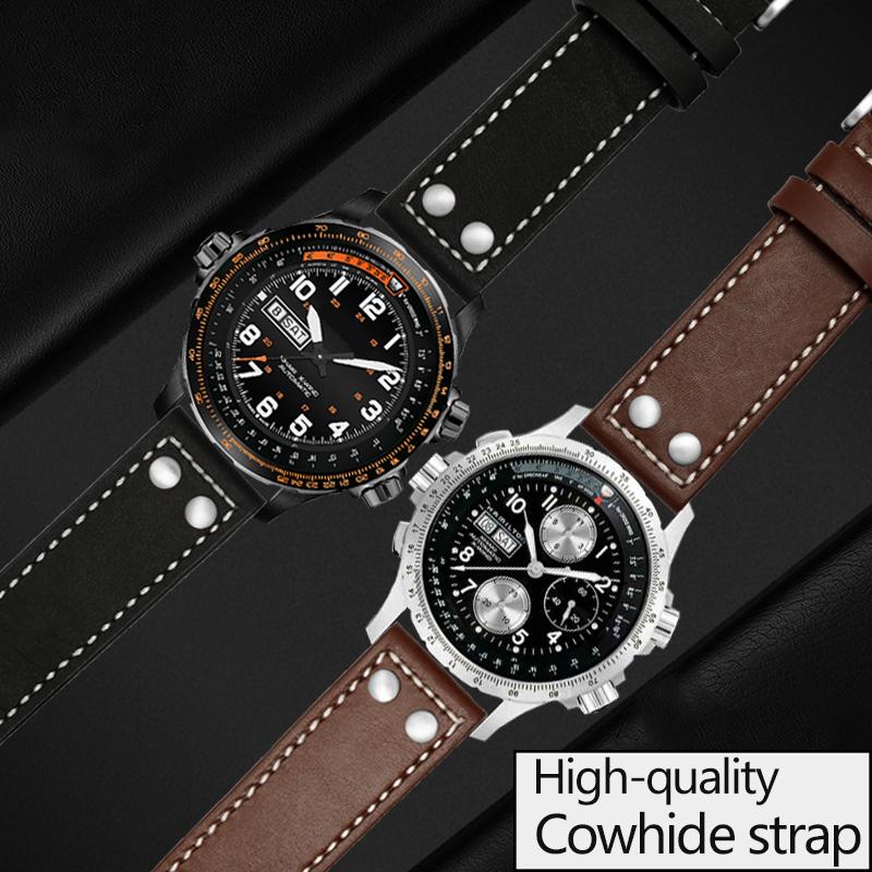 ОДИННатуральная кожаный ремешок для часов Hamilton Khaki Aviation Field Series Мужской ремешок Браслет с заклепками Коричневый 20мм 22ммMN