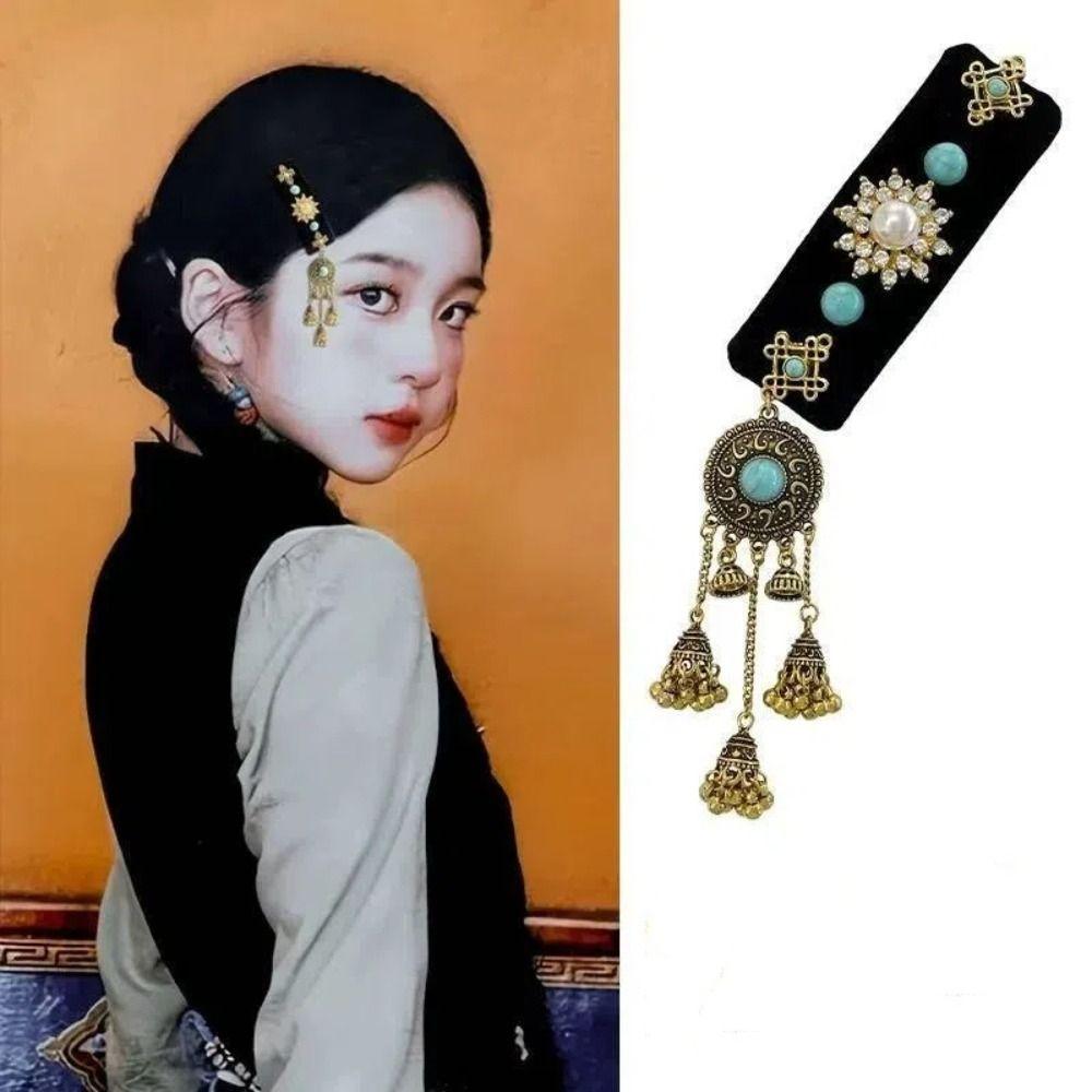 Заколка для волос со стразами и кисточками, квадратная заколка для волос с челкой, изысканный этнический стиль, боковая заколка для девочек