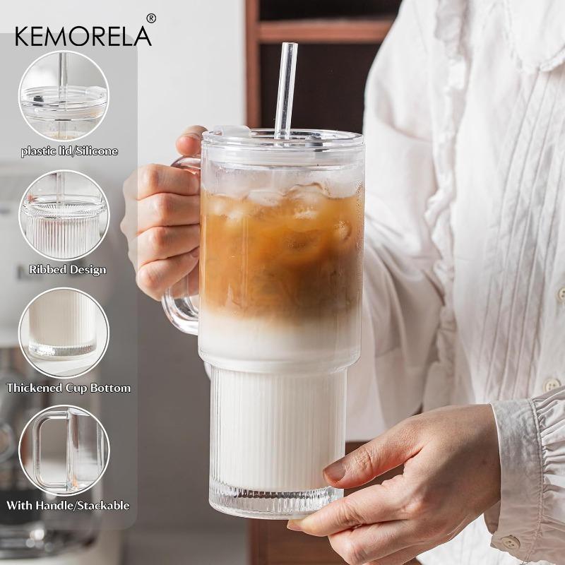 Стеклянный стакан 750 мл с ручкой и крышкой 1/2 шт. Большие стаканы для кофе со льдом с трубочками Современная стеклянная кружка для холодных и горячих напитков Сок