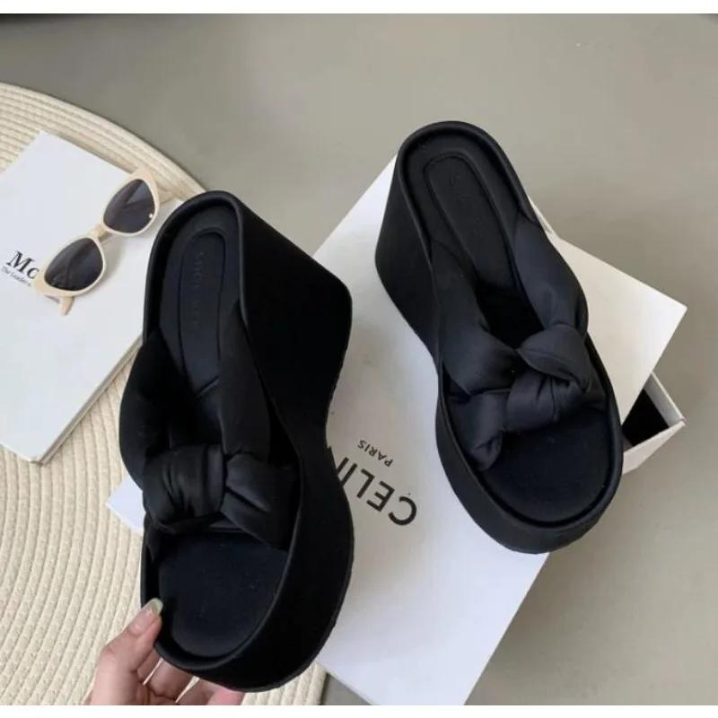 Fashion Platform Wedge Open Toe Slippers Summer New Round Head Black Cross-strap Beach Sandals Flip-flops Chunky Slides Backless Shoes
