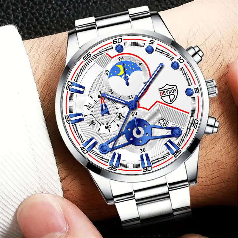 Модные мужские часы-календарь, мужские часы с ремешком из нержавеющей стали, деловые кварцевые наручные часы, браслет, ожерелье, набор