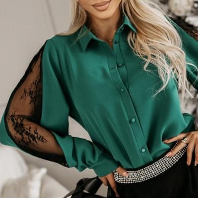 Рубашка с длинным рукавом, элегантная кружевная вышитая женская блузка-кардиган для офиса, повседневная одежда, длинный рукав, однотонный, отложной воротник