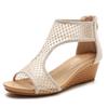 Plus Size 41 42 Women Sandals Mid Wedges Heel Bling Diamond Mesh Open Toe T -Strap Back Zip Up Female Casual Summer Shoes Lady