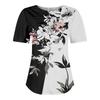 Ladies' Fashionable Printed Round Neck Pleated Short Sleeved Shirt