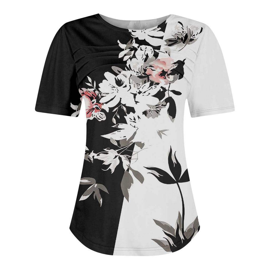 Ladies' Fashionable Printed Round Neck Pleated Short Sleeved Shirt