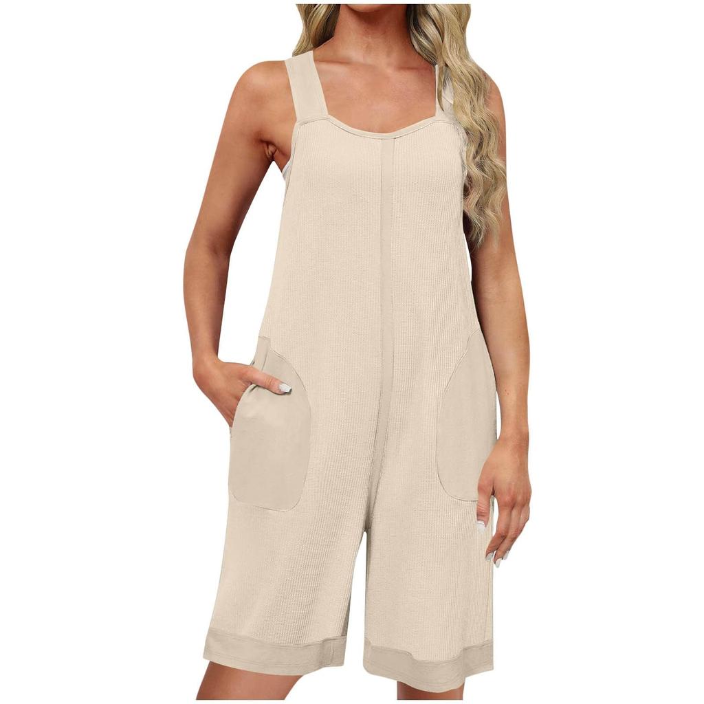 Womens  Capris Jumpsuits Casual Summer Square Neck Sleeveless Loose Wide Leg Pants Rompers With Pockets