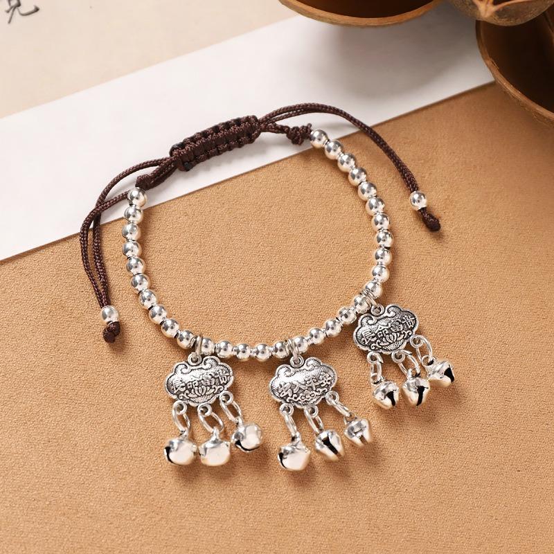 Hand-woven Long-life Lock Bell Bracelet, Retro Men's and Women's Tibetan Silver Hand Rope, Simple Accessories