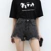 Pants Classic and Minimalist Fashion Versatile Black Gray Female Summer High Waisted Broken Holes Loose Thin A-line Wide-legged Son Denim Shorts