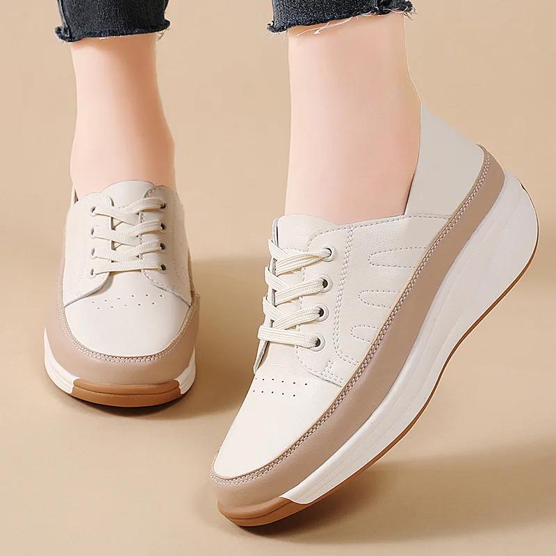 Platform Shoes Women's Sneakers 2025 New Single Shoe Wedges Casual Shoes Woman Lace Up Anti Slip Casual Shoes Zapatos De Mujer