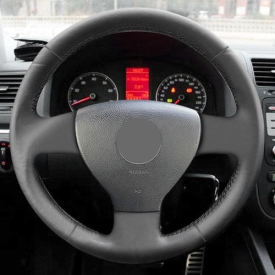 All Black Sewing Steering Wheel Leather Cover Trim For VW Golf 5 V 2003-2009