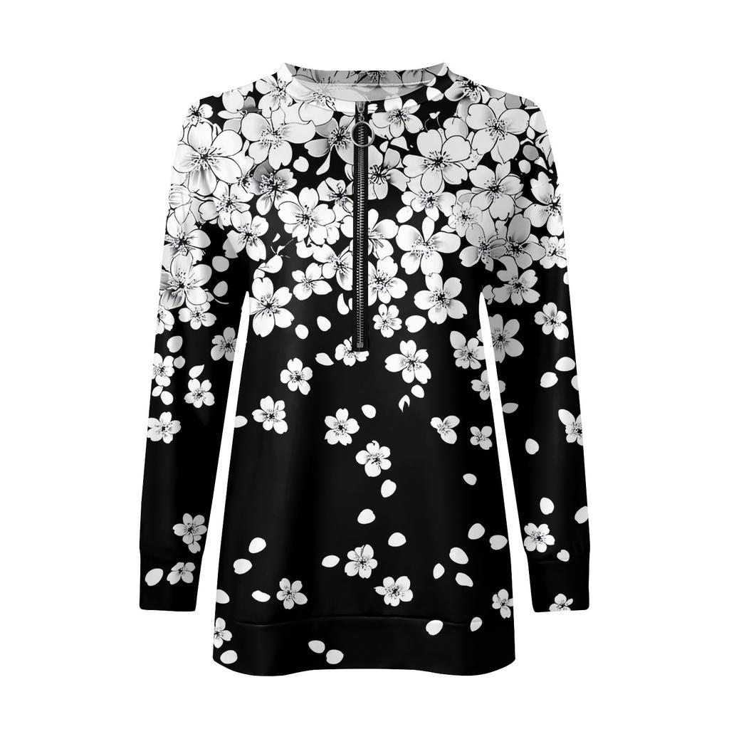 Women Casual Long Sleeve Basic Quarter Zipper Print Flowers Pullover Sweatshirts Casual Top Fall Clothes