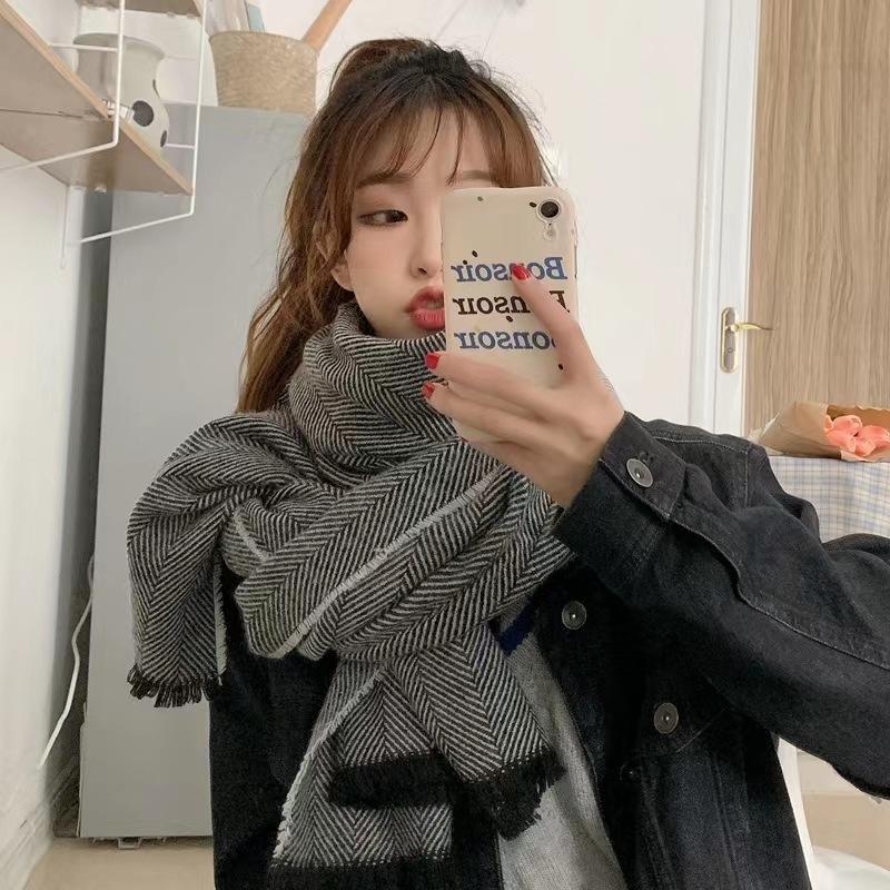 Imitation Cashmere Scarf Black and White Color Matching Small Fur Edge Tassel Versatile Thickened Men's and Women's Warm Shawl