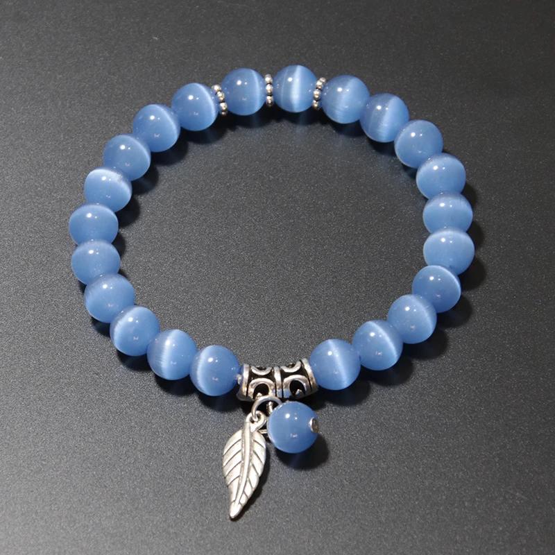 Genuine Cat Eyes Stone Bracelet For Women Natural Moonstone Braslet Leaf Pendant Braclet Pink Opal Brazalete Girlfriend Gift