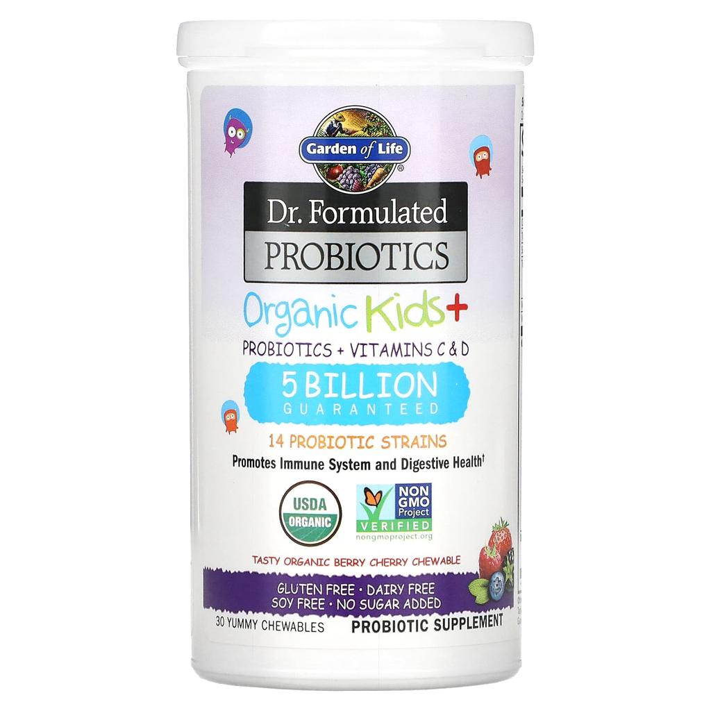 Garden of Life Доктор. Формулированные пробиотики, Organic Kids +, вкусные органические ягоды и вишня, 30 жевательных таблеток