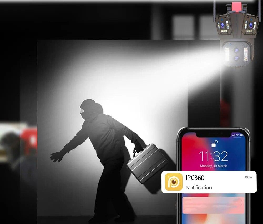 LS VISION 16MP 8K IP Camera 10X Zoom Outdoor Four Lenses Three-Screen PTZ WiFi Camera Security Protection CCTV Color Night Vision Cam Home Security