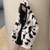 Women Autumn Korean Hooded Coat Cow Print Black White Hoodie Sweatshirt Long-sleeved Loose Harajuku Tops
