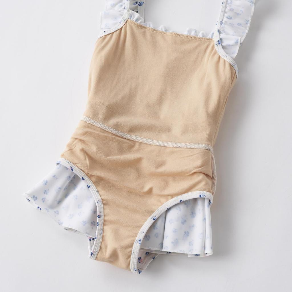 Marie Claire One-Piece Swimsuit with Small Floral Print and Ruffled Shoulders, Off-White, 125702, Girls