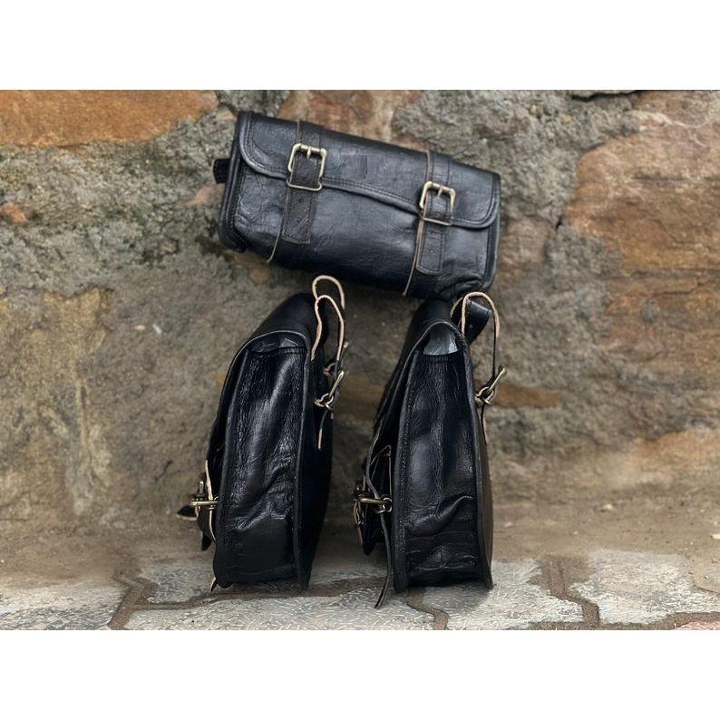 Кожаные седельные сумки, сумка для мотоцикла, черный комплект, три сумки, кофры, седельные сумки для спортивных комментаторов, набор из трех сумок