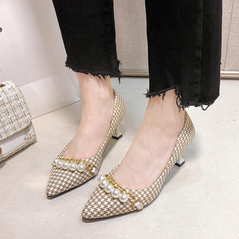 Новые туфли-лодочки в гусиную лапку для женщин, с острым носком, на тонком каблуке, рабочие туфли, темпераментные, с неглубоким вырезом, одинарные туфли для женщин в весенне-осеннем стиле