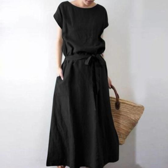 Женское платье макси из хлопка и льна в стиле бохо, летнее, с коротким рукавом, круглым вырезом, длинным платьем, поясом и карманами, повседневный пляжный сарафан