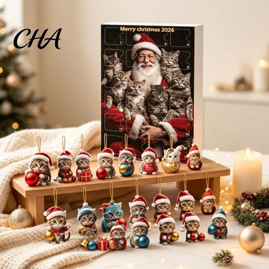 Подвеска-аксессуар для рюкзака Кот Адвент-календарь, 24 дня Рождественский отсчет милый 2D котенок Праздничный 2026 Подарочная коробка Украшения для вечеринки Елки,