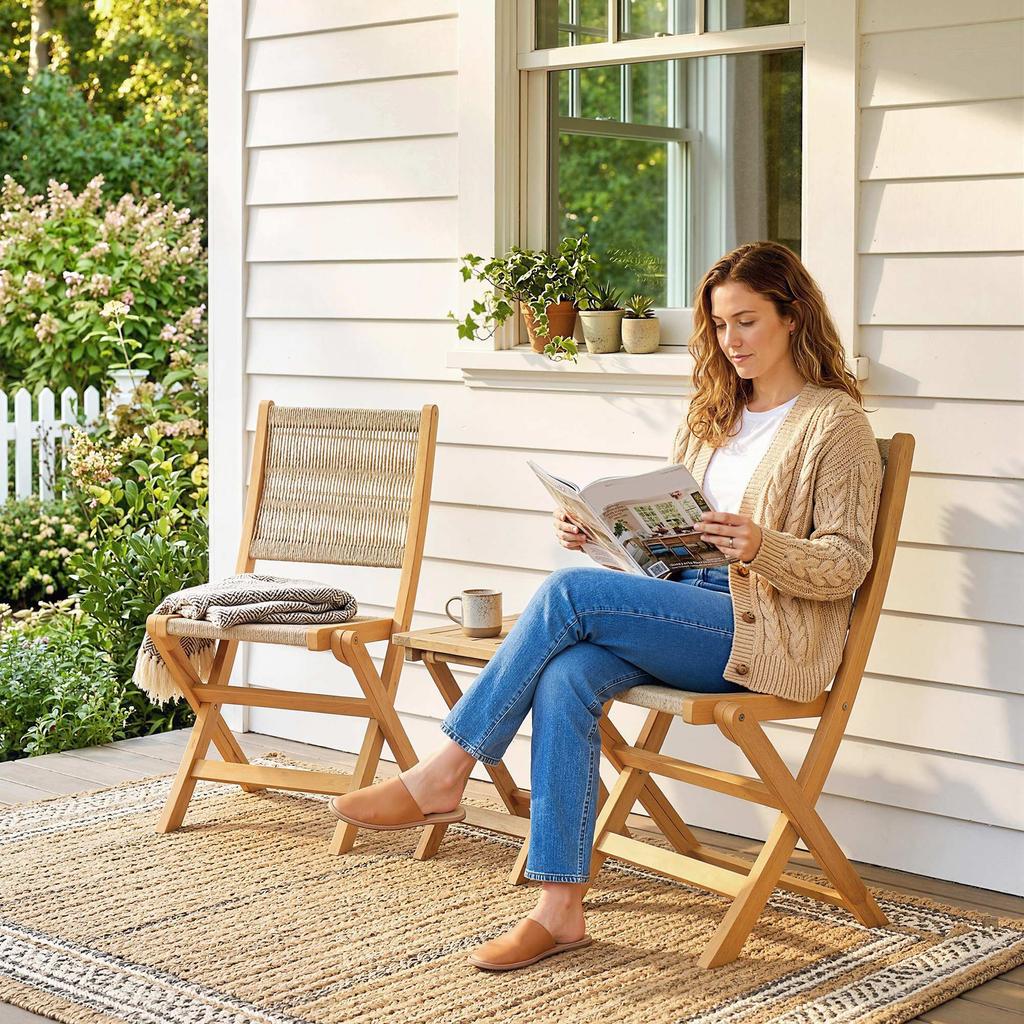 Folding Garden Chairs, Set of 2, Acacia Wood, Braided Rope Seats, Natural and Beige
