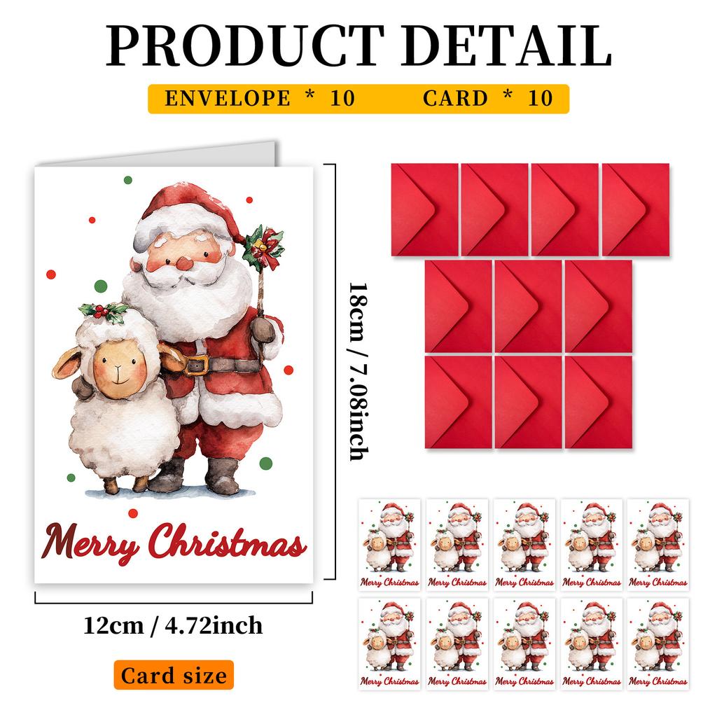 10PCS Cute Cartoon Christmas Greeting Cards Set with Envelopes, Large Size Xmas Cards for Holiday Wishes & Gifts