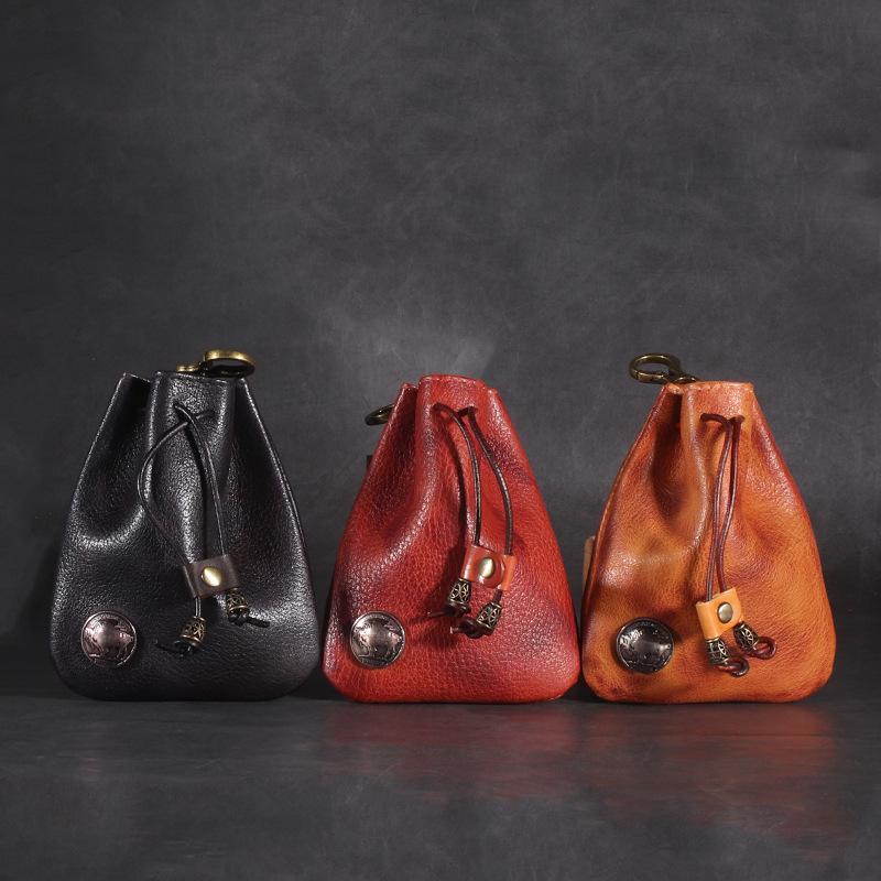 Винтажный кошелек для монет и ключей из коровьей кожи - поясная сумка с затягивающимся шнурком