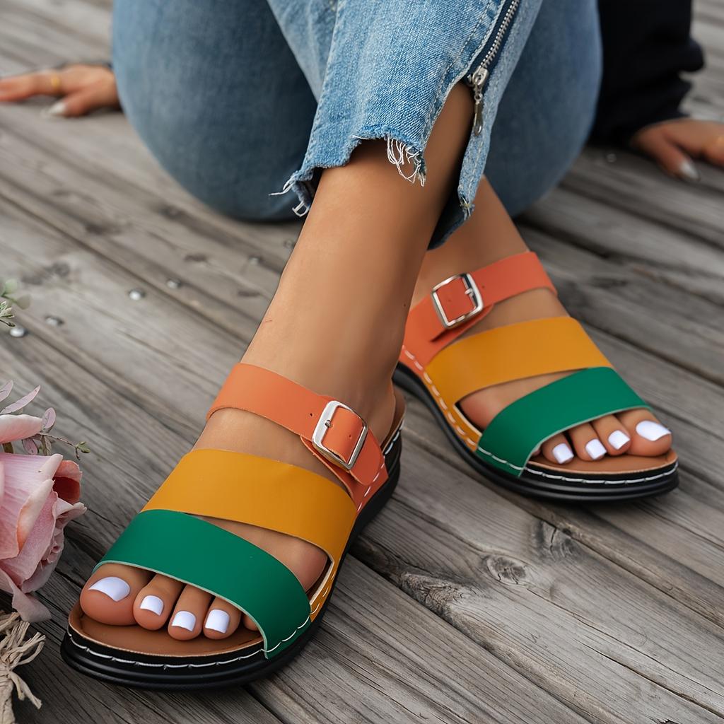 Ladies' Classic Slope Heel Sandals - Comfortable, Lightweight, Set On Style, Open Toe Design, Color Blocked Belt Buckle, Simple Slippers