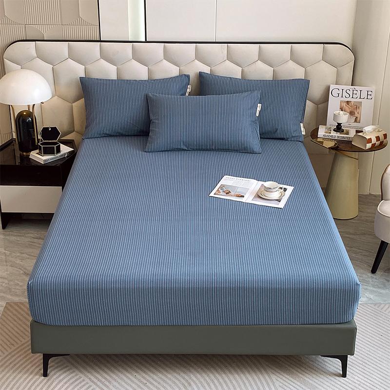 Комплект постельного белья из 3 предметов, простой, синий, в полоску, мягкий, приятный для кожи, утолщенный, 100% хлопок, эластичный, размер Queen Size