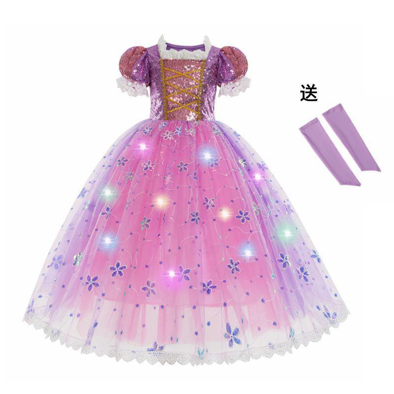 Purple Long Hair Floral Princess LED Tutu Full Set, Girls Halloween Birthday Stage Performance Gown Pink