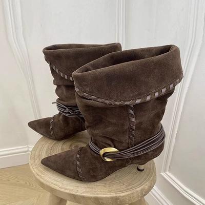 Версия из овчины~ ретро нишевые замшевые на шнуровке с отворотами на тонком каблуке кошачьи и западные ковбойские ботинки женские короткие ботинки тонкие ботинки