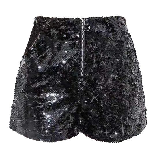 Sexy Women Shiny Sequin Shorts High Waist O-Ring Zipper Bodycon Shorts Party Club Festival Dance Shorts